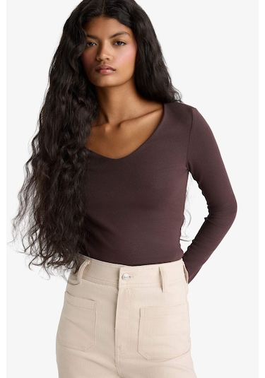 Defacto Slim Fit Dar Kesim Basic Düz Modal Uzun Kollu Tişört F7153ax25aubn340 Kahve