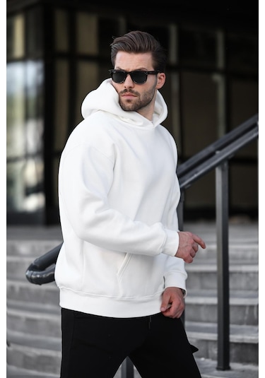 Ekru Kapüşonlu Kanguru Cep Erkek Sweatshirt E7169 Ekru