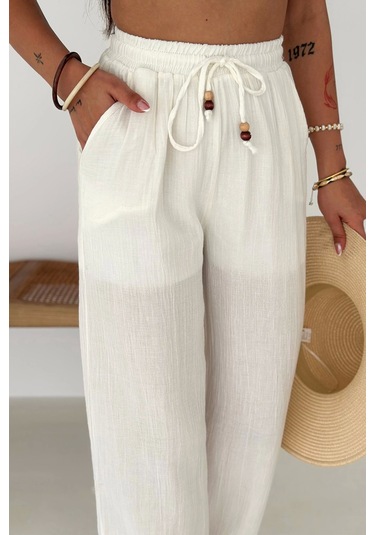 Beli Lastikli Geniş Paça Pantolon Beyaz Beyaz