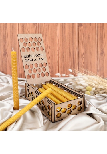 Doğal Balmumu Mum Seti 20 Li 21cm X 1 Cm Kişiye Özel Ahşap Kutulu - %100 Doğal