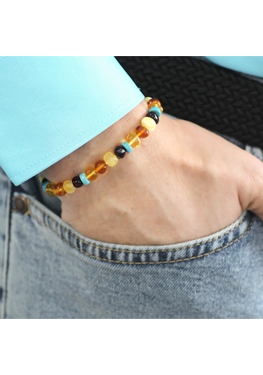 Multicolor Renk Firuze Doğaltaş Süslemeli Natural Form Doğal Damla Kehribar Erkek Bileklik Beyaz - Çok Renkli