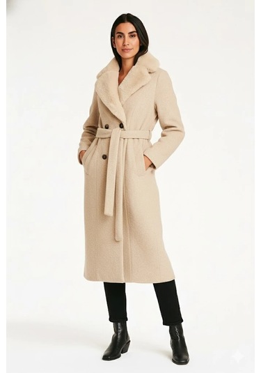 Kadın Kahverengi Bukle Kumaş Uzun Kaban Büyük Yakalı Kışlık Palto Teddy Kaban Taş
