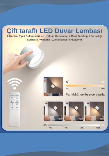 Mıknatıslı Uzaktan Kumandalı Çift Taraflı Duvar Aplik Led Aydınlatma 3 Renk Usb Şarjlı Çok Renkli