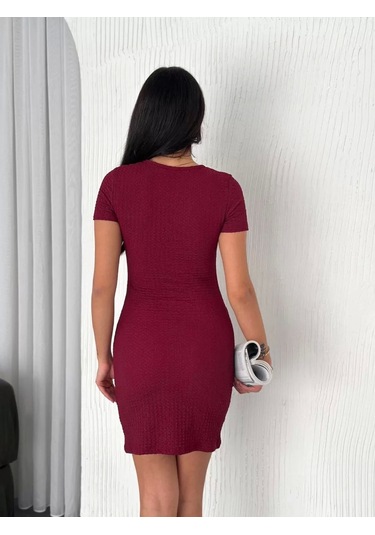 Kadın Bisiklet Yaka Kısa Kol Likralı Elbise - Bordo Bordo