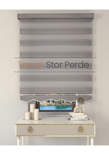 Geniş Plise Gri Boncuklu Zebra Stor Güneşlik Perde Opak Gri