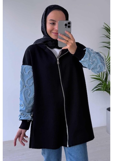 Ka Hijab Kolları Kot Detaylı Triko Hırka - Siyah Siyah