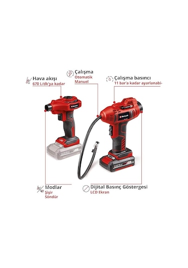 Einhell CE-AP 18+CE-CC 18+2,0 Ah Kit Hava Üfleme & Lastik Şişirme Seti - 2070111