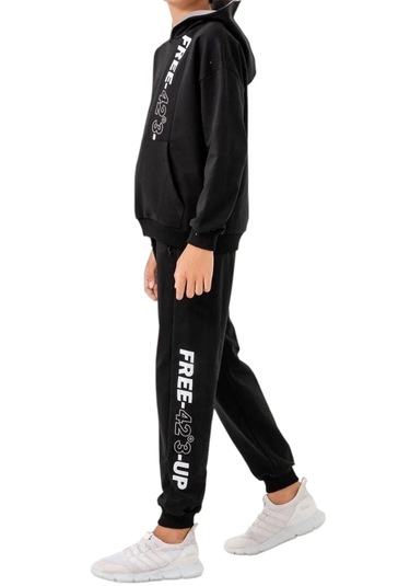 Erkek Çocuk Free Koordinat Yazılı Kapüşonlu Kanguru Cepli Siyah Renk Eşofman Takımı Siyah