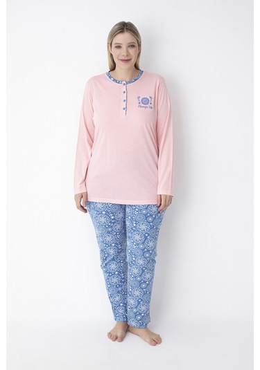 Pembe Pembe/mavi Desenli Büyük Beden Pijama Takımı Pembe