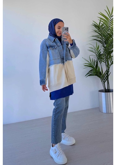 Ka Hijab Jean Detaylı Düğmeli Triko Hırka Mavi