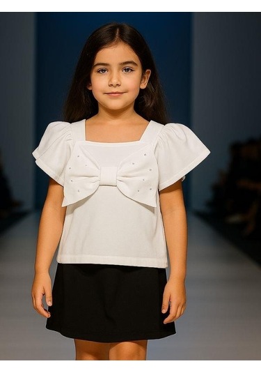 Kız Çocuk Pamuklu Fiyonklu Taşlı Bluz-15894 Ekru