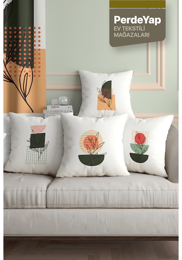 İnce Yaprak Çiçekler Ve Güneşin Uyumu Desenli 4lü Kırlent Kılıfı