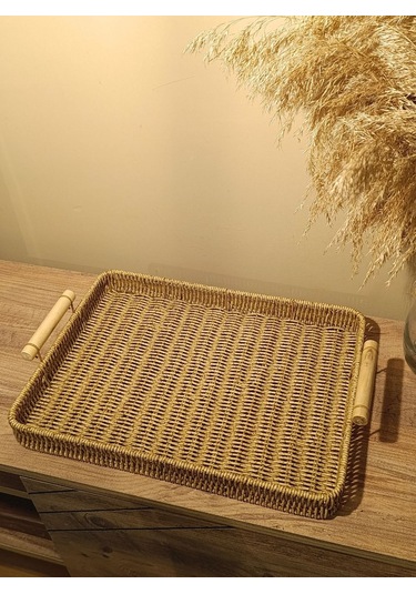 Hasır Rattan Sunum Tepsi Geniş Organizer Bambu Kulplu Dikdörtgen Diğer