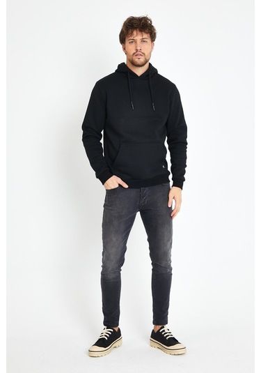 Erkek Kapüşonlu Kanguru Cep 3 İplik Sweatshirt Siyah