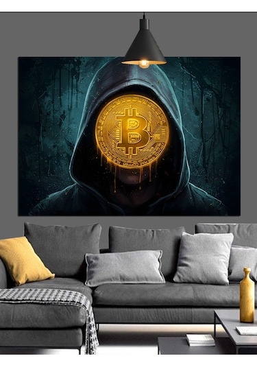 Bitcoin Sembolü Kapüşonlu Gizem Dekoratif Kanvas - Mdf Ahşap Tablo