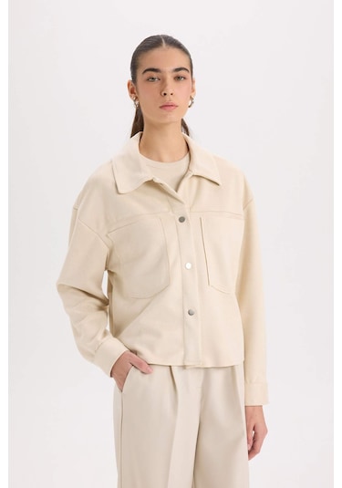 DeFacto Crop Çıtçıtlı Cepli Süet Gömlek Ceket B2983AX24WNBG74 Bej