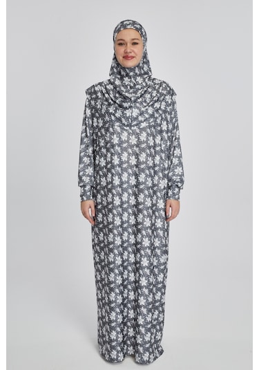 Pratik Tek Parça Manolya Desenli Namaz Elbisesi Füme