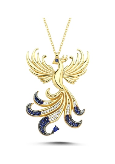 Kayra Mücevher Kraliçe Lacivert Taşlı Anka Kuşu Altın Kaplama Kolye
