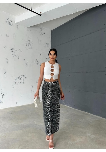 Zeo Basic Leopar Desenli Maxi Etek Haki