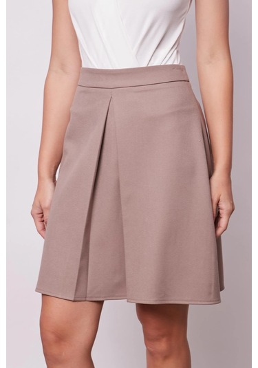 Kadın Yüksek Bel Hafif Likralı Kumaş Pilikaşeli Diz Boy Çan Etek-vizon Vizon