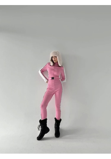 Kemer Detaylı Fermuarlı Tulum - Pembe Pembe