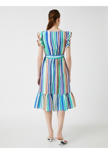 Koton Midi Boy Elbise Kuşaklı Fırfırlı Yeşil Çizgili 2sak80335ew 2SAK80335EW7S7 Yeşil