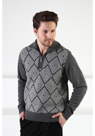 Ferraro Füme Kare Desenli Dik Yaka %100 Kuzu Yünü Erkek Kazak Füme (536161022) Füme