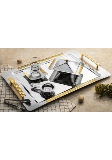 Nehir Sırma Altın Paslanmaz Çelik Tepsi Çay Tepsisi - Servis Teps