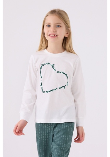 Kız Çocuk Beyaz Uzun Kol Pijama Takım Krem