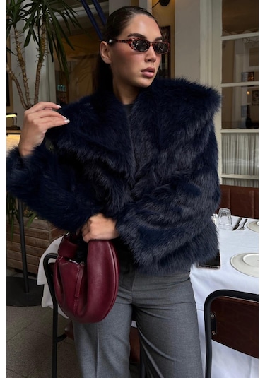 Lacivert Yumuşak Dokulu Kadın Kürk Mont Mg2204 Lacivert