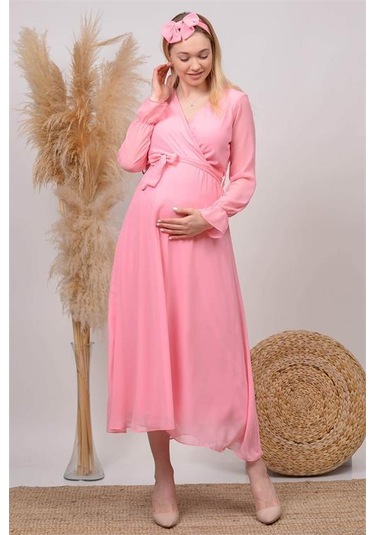 Kadın Beyaz Baby Shower Şifon Hamile Elbise Dphml003 Pudra