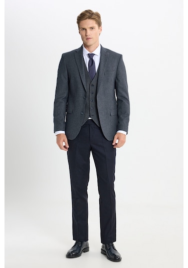 Ac&Co / Altınyıldız Classics Erkek Antrasıt Slim Fit Dar Kesim Mono Yaka Kaz Ayağı Desenli Kapak Cepli Yelekli Takım Elbise Antrasıt Antrasit