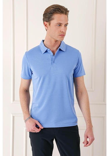 Slim Fit Düğmeli Polo Yaka Pamuklu Mavi Tişört Ts 879 Mavi