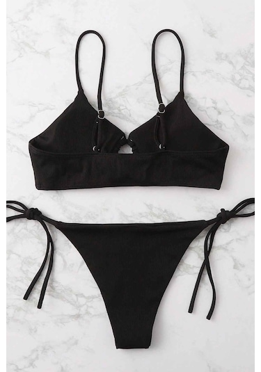 Angelsin Rib Dokulu Ön Ve Yan Bağcık Detaylı İpli Brezilya Bikini Takımı Siyah
