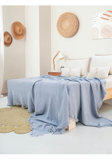 4 Katlı Müslin Yatak Örtüsü - Bebek Mavisi Renk Çift Kişilik Pike Açık Mavi