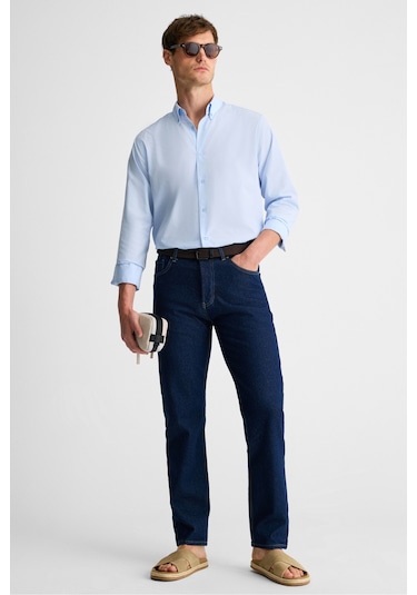 Rısto Erkek Düğmeli Yıkama Sonrası Ütü Ihtiyacını En Aza Indiren Kumaş Manşetli Mavi Gömlek