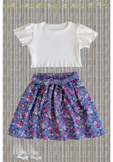 Etekli Crop Takım, Çiçekli Gri-mavi Etek - Ekru Crop Ekru-griçiçekli Ekru - Gri