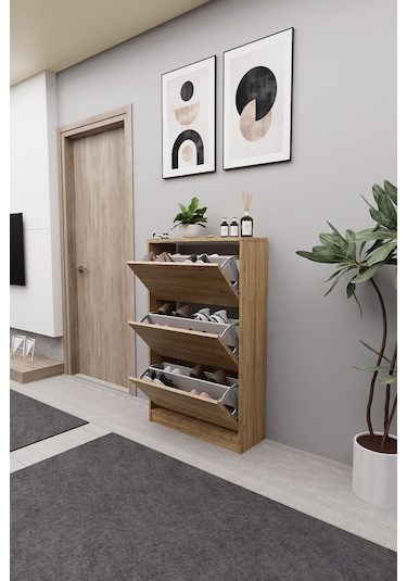 Mirobi Kembe 3 Bölmeli Açılır Modern Dekoratif Ayakkabılık Çam Çam
