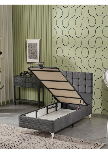 Beehanem Bengü 90x190 Tek Kişilik Baza Başlik Yatak 3 Lü Set Antrasit 90 X 190