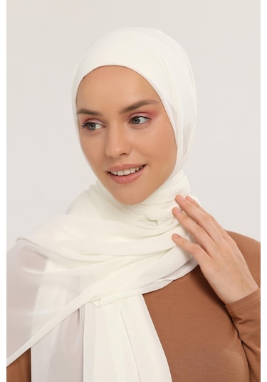 Hazır Pratik Lüks Geçmeli Lastikli Boneli Şifon Şal Ekru