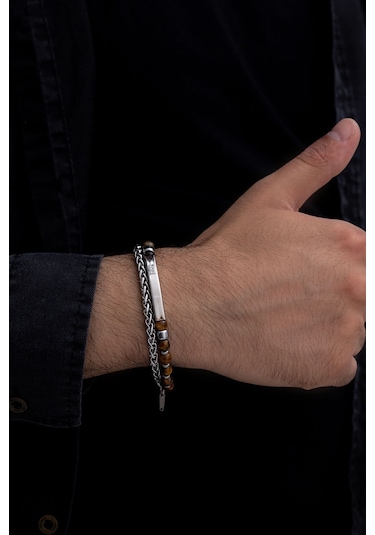 Vogutima İsim Yazılabilir Boncuk Ve Kral Zincir Detaylı Çelik Bileklik Gümüş