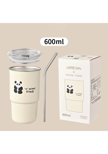 600 Ml 304 Paslanmaz Çelik Saman Bardak Araba Eşlik Eden Su Kapaklı Bardak Beigepanda Bej