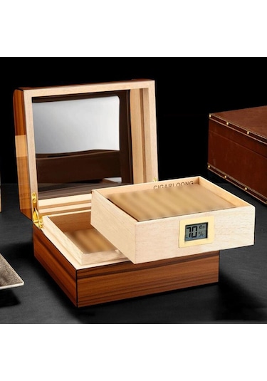 Cigarloong Camlı Puro Kutusu Humidor Ceviz 60's