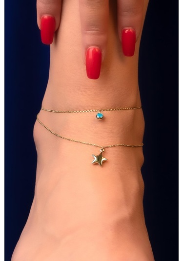 14 Ayar Altın Firuze Taşlı Yıldız Halhal Hal0021 Beyaz