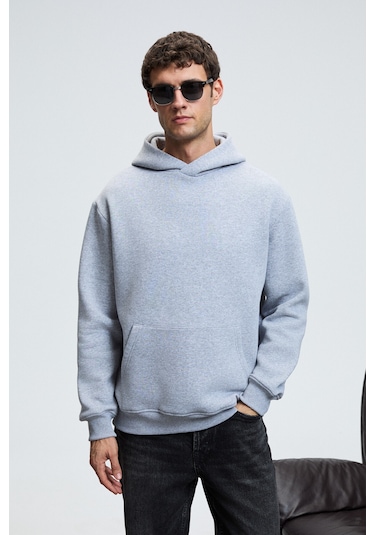 AMOS Erkek Yumuşak Kumaşlı 3 İplik Oversize Kapüşonlu Kanguru Cepli Grimelanj Sweatshirt