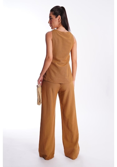 Madmext Camel Önü Bağlamalı Yelek Pantolon Kadın Takım Mg2403