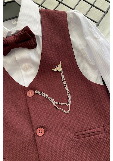 Lüks Planet Yelekli Papyonlu Erkek Çocuk Takım Elbise Bordo