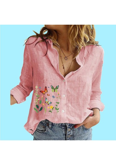 Kadın Moda Pamuk Keten Gömlek Bayan Dik Yaka Baskılı Üst Casual Düğmeli Uzun Kollu Bluz Pembe