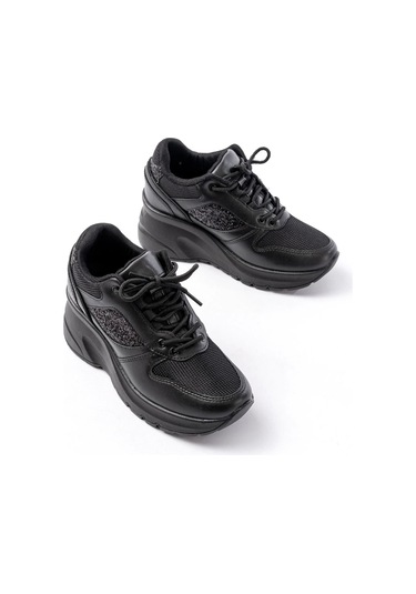 F-185 Siyah Günlük Bağcıklı Taş Aksesuarlı Yazlık Spor Ayakkabı Siyah