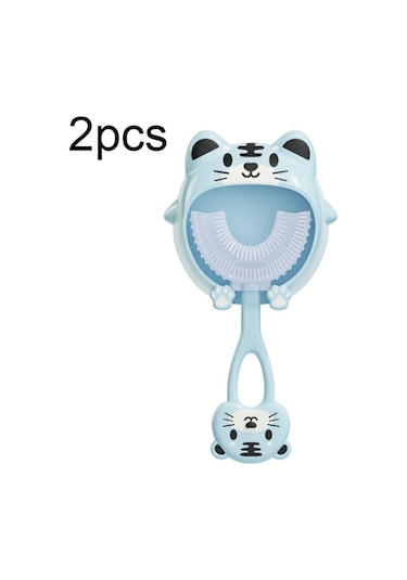 S8 2 Adet Çocuk Karikatür U-şekilli Silikon Diş Fırçası 2-12 Yaş Mavi